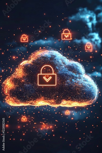 Cloud data security with glowing encryption symbols floating around a cloud