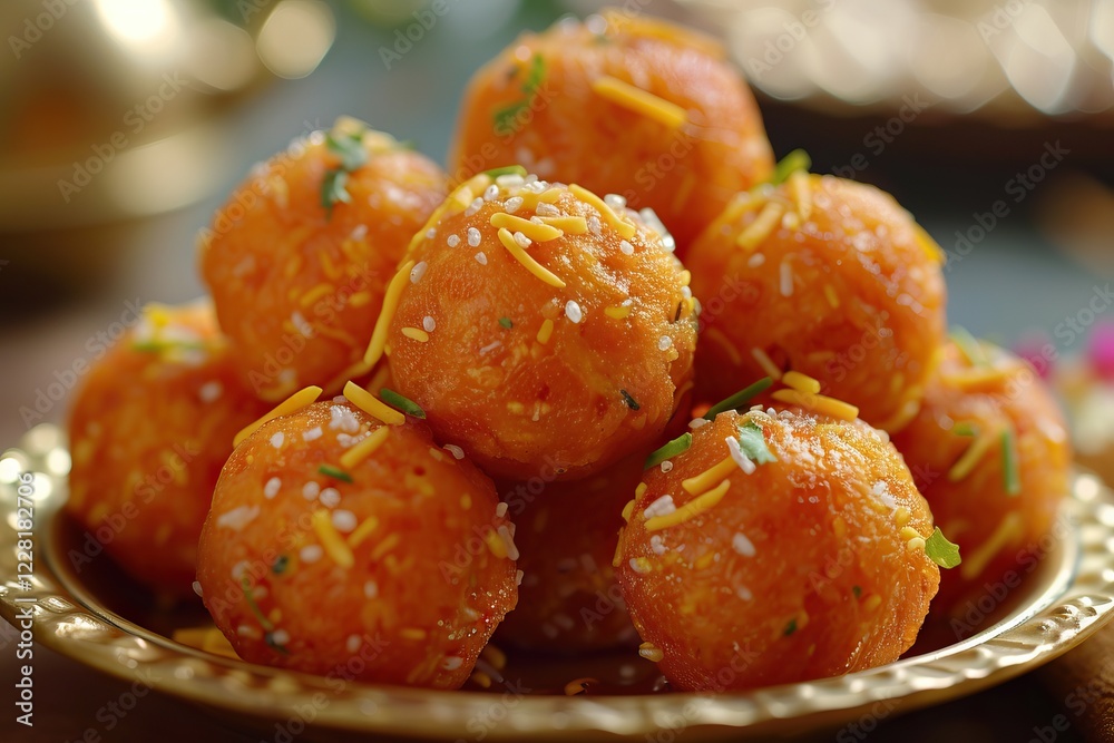 Indian Sweet Motichoor Laddoo Small Gram Flour Balls in Sugar Syrup Indian Sweet Motichoor Laddoo Small Gram Flour Balls in Sugar Syrup