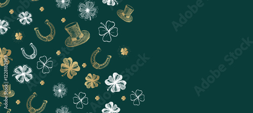 St. Patricks Day, clover pattern on green. Hand drawn illustrations	
