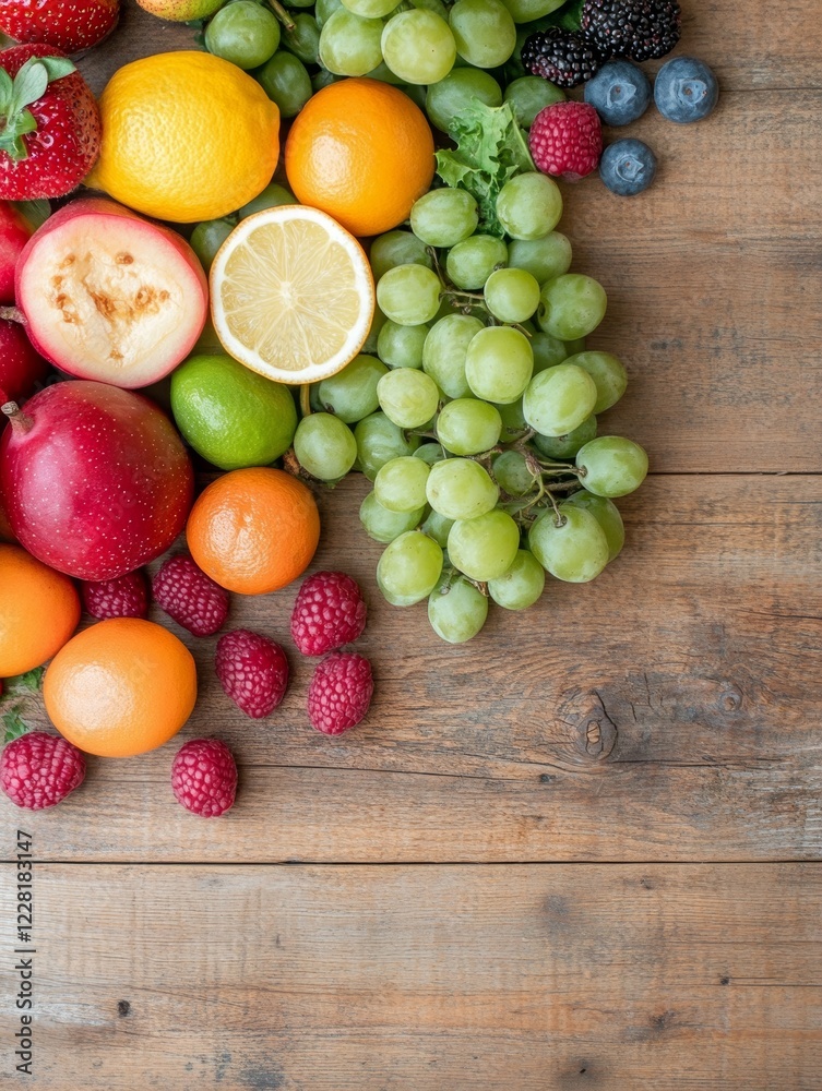 Vibrant colorful fruit pattern with citrus and berries on white background for health and nutrition concepts