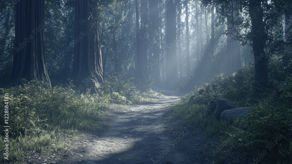 Obraz premium Misty Forest Path Sunlight Through Trees