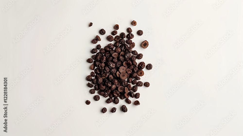 A small pile of dried prunes arranged neatly on a white backdrop A small pile of dried prunes arranged neatly on a white backdrop