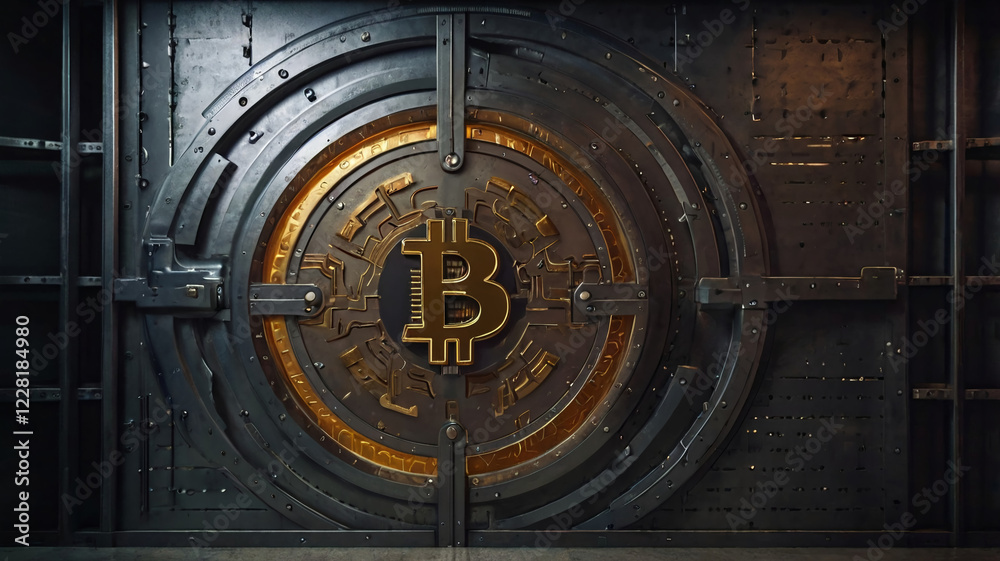 Fototapeta premium A futuristic vault door opening to reveal glowing Bitcoin.