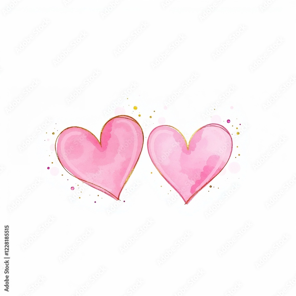 Two pink hearts. Watercolor hand painted symbol of love. Golden lines, splatters. Romantic design element for wedding card, Valentines day decoration. Two pink hearts. Watercolor hand painted symbol of love. Golden lines, splatters. Romantic design element for wedding card, Valentines day decoration.