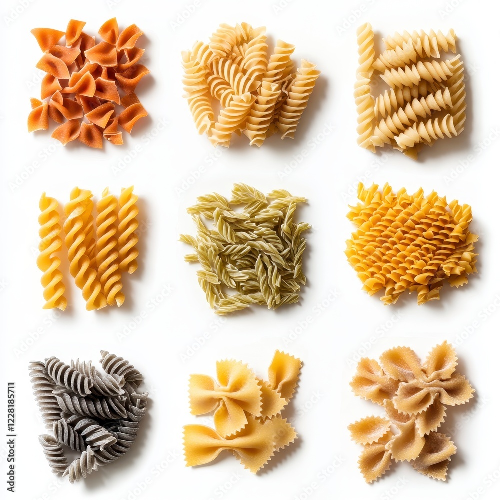 Assorted Pasta Varieties on White Background, A Culinary Exploration of Italian Cuisine, Diverse Shapes and Textures, Ideal for Food Enthusiasts Assorted Pasta Varieties on White Background, A Culinary Exploration of Italian Cuisine, Diverse Shapes and Textures, Ideal for Food Enthusiasts