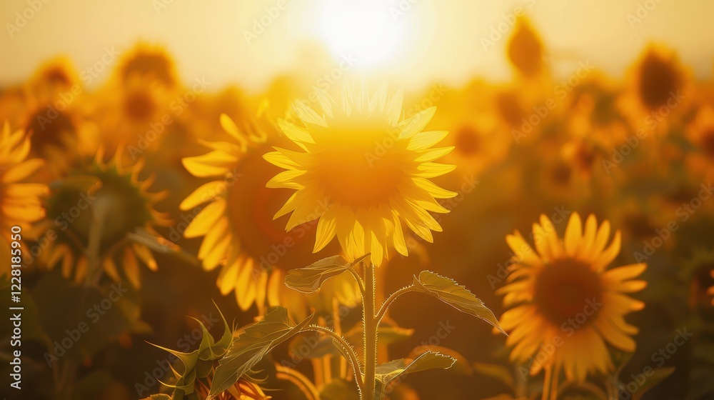 Obraz premium Golden Hour in Sunflower Field: Pathway Through Nature's Radiant Bloom for Poster or Print Design