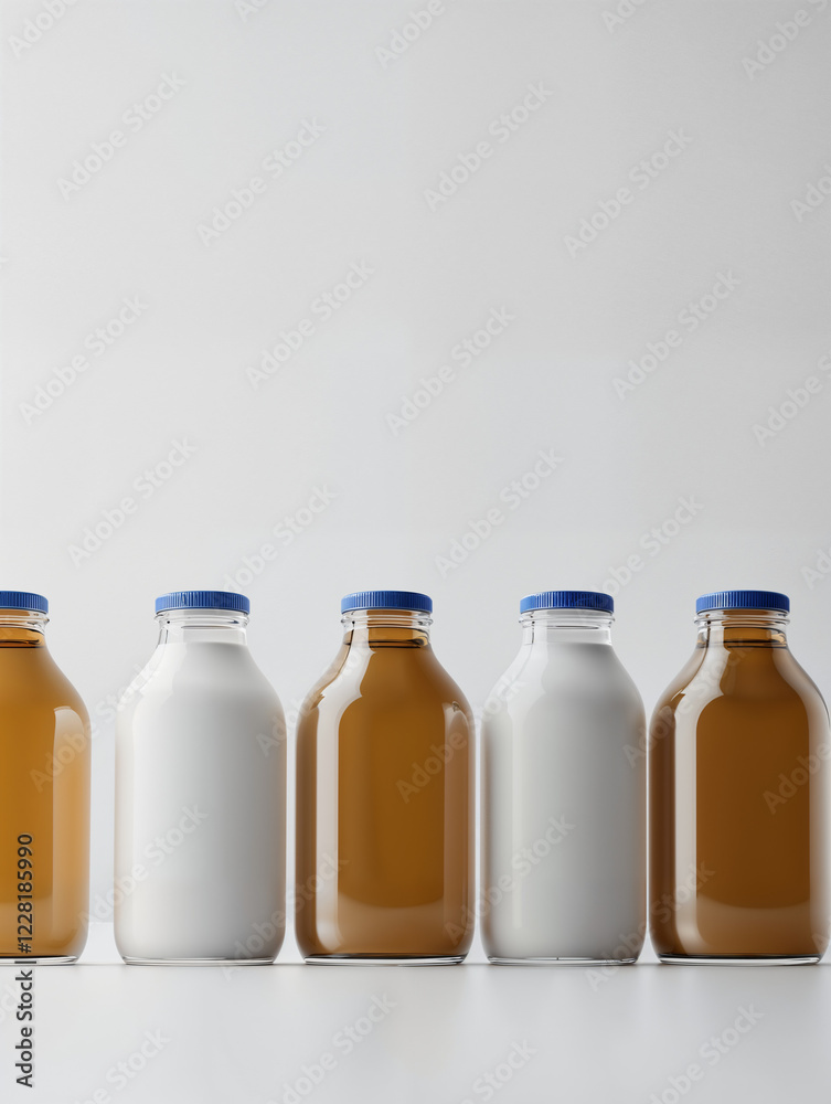 Variety of bottled beverages arranged on a clean surface in a minimalist style