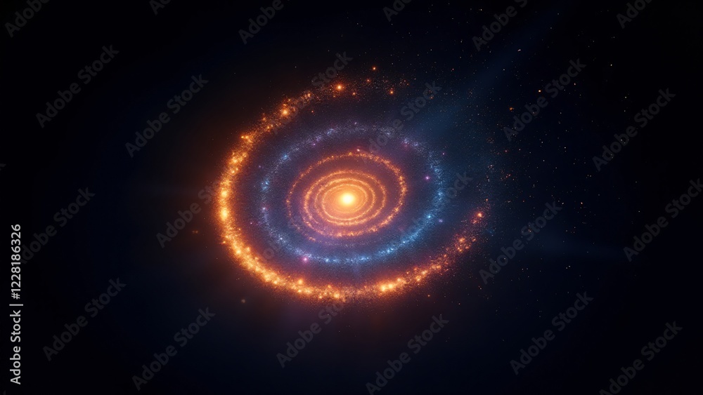 Fototapeta premium Tiny light sparks converge into a bright, continuous spiral, glowing with warm gold and cool blues and purples against a dark backdrop.