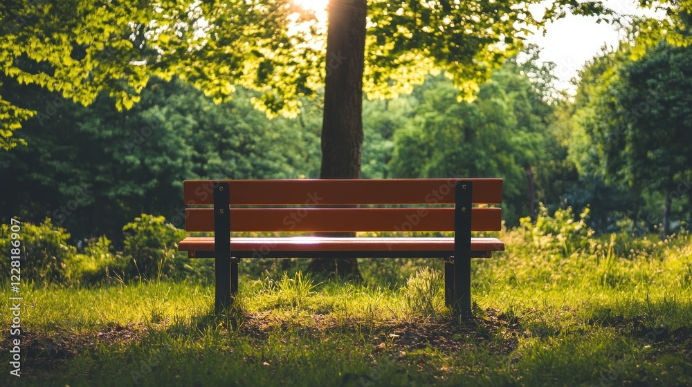 Empty park bench awaits beneath sunlit trees Empty park bench awaits beneath sunlit trees