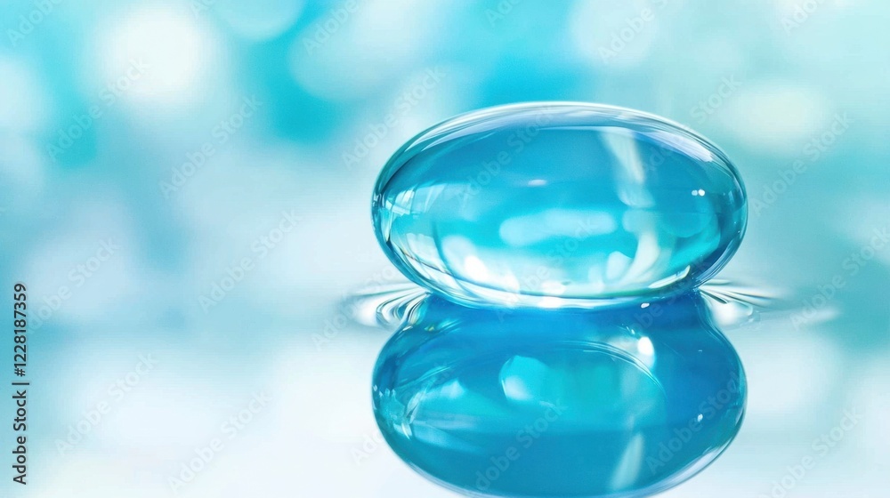 A small blue pill sits on the surface of a body of water A small blue pill sits on the surface of a body of water
