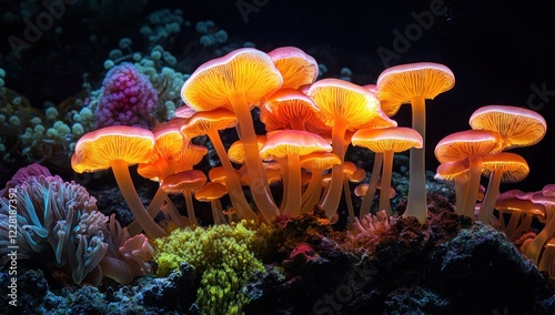 Luminous Fungi: A Symphony of Orange and Pink photo