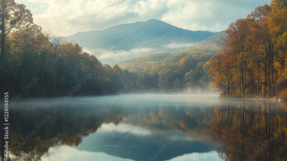 Fototapeta premium Autumnal lake mirroring misty mountain and trees