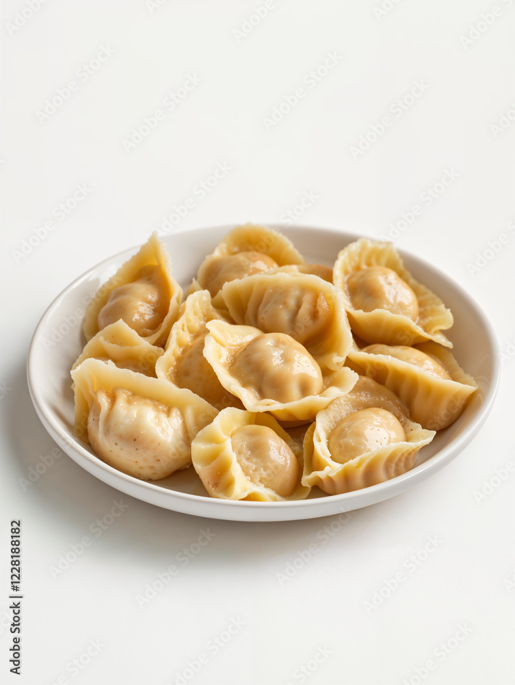 Delicious dumplings served in a round white plate with savory filling on a clean background Delicious dumplings served in a round white plate with savory filling on a clean background