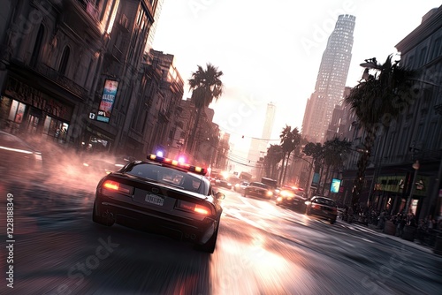 ultra-detailed third-person shot of police chase from high-angle video game perspective reminiscent of classic open-world