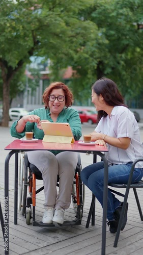 Wallpaper Mural Woman using a tablet and gesturing while talking to a friend in a wheelchair Torontodigital.ca