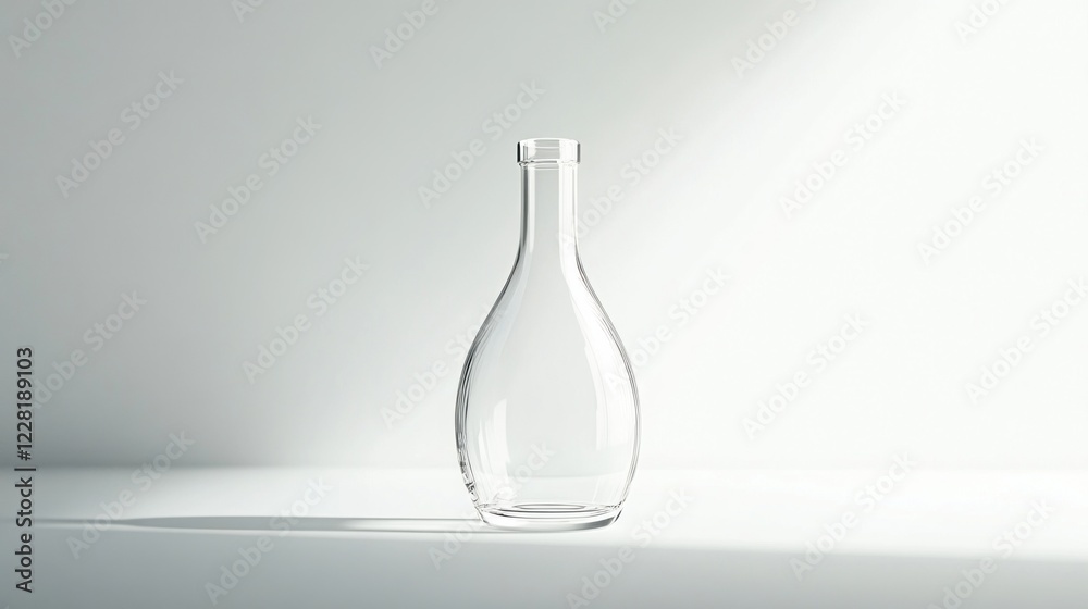 A clear empty glass bottle on a white surface with a soft light source A clear empty glass bottle on a white surface with a soft light source