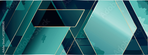 Geometric abstract luxury dark green-blue and gold background with triangles, watercolor style, vector wallpaper.