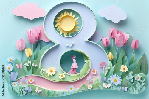 Whimsical Garden Paper Art Number Eight with Miniature Woman and Butterflies photo