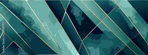 Geometric abstract luxury dark green-blue and gold background with triangles, watercolor style, vector wallpaper.