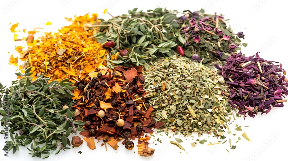 A variety of dried herbs including thyme, rosemary, and basil on a white background A variety of dried herbs including thyme, rosemary, and basil on a white background