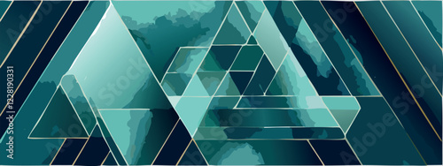 Geometric abstract luxury dark green-blue and gold background with triangles, watercolor style, vector wallpaper.