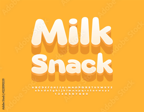 Vector cute label Milk Snack. Creative White Font. Isometric Digital Alphabet Letters and Numbers set. 