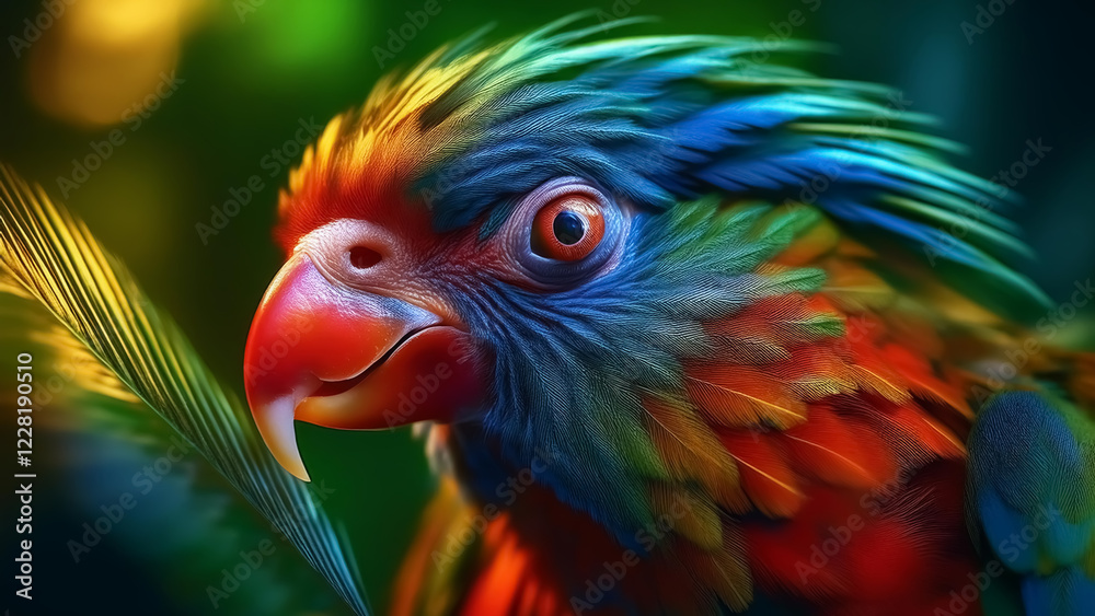 Fototapeta premium A vibrant close-up of a colorful parrot with a striking mix of blue, green, red, and orange feathers, showcasing intricate details and textures, set against a blurred natural background.