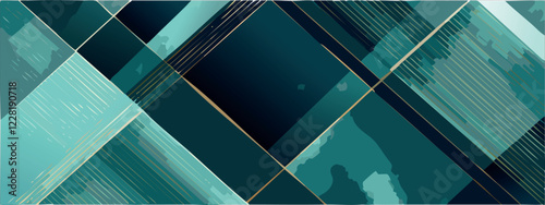 Geometric abstract luxury dark green-blue and gold background with triangles, watercolor style, vector wallpaper.