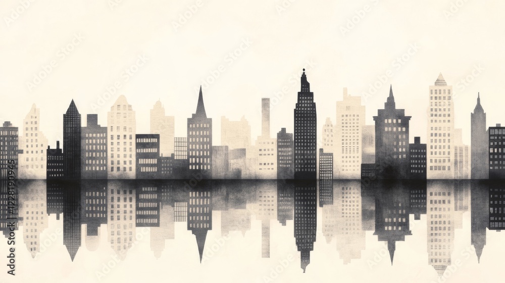 Fototapeta premium Monochromatic city skyline reflected in water.