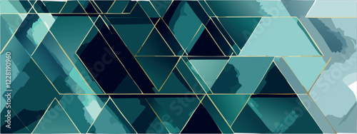 Geometric abstract luxury dark green-blue and gold background with triangles, watercolor style, vector wallpaper.