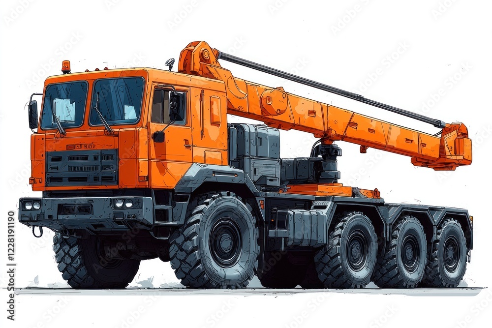 Fototapeta premium Crane Truck isolated on white background. Heavy Machinery. Construction Vehicle. Mobile Crane. Truck with Crane Arm. Crane Truck Design Element. Realistic Crane Truck isolated for Designers.