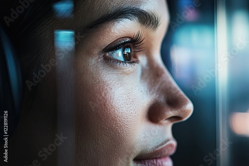 ultra-realistic close-up portrait of professional interpreter inside glass translation booth wearing headset eyes locked photo