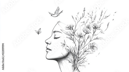 Pen sketch of woman's face with flowers and birds.
