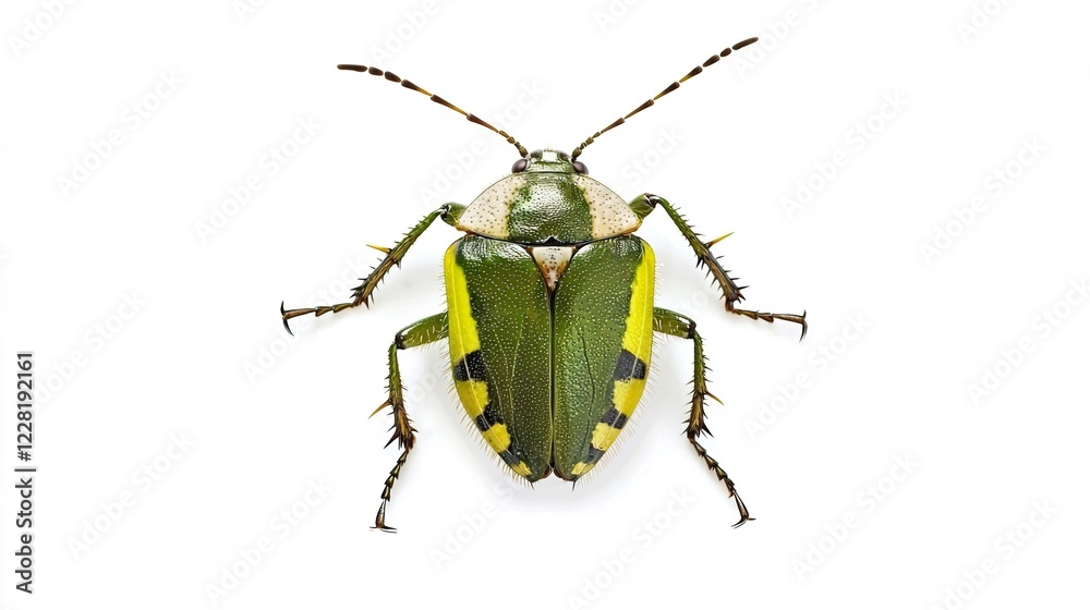 Fototapeta premium Vibrant Green Insect with Striking Yellow Bands on a White Background