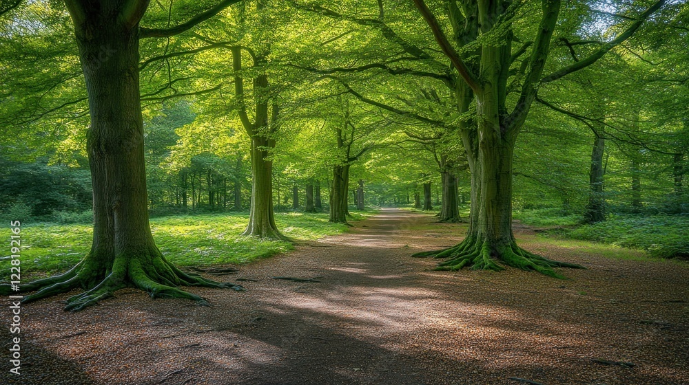 Naklejka premium Sunlit Path Through A Lush Green Forest Canopy