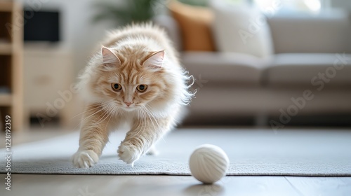 A playful ginger cat chasing a ball of yarn on a light-colored rug in a cozy, well-lit living room with modern furniture and soft furnishings photo