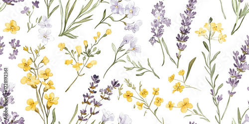 Vector seamless pattern in a Provence style with lavender flowers, arrangements, leaves and herbs hand drawn in watercolor on a white background. Ideal for wallpaper