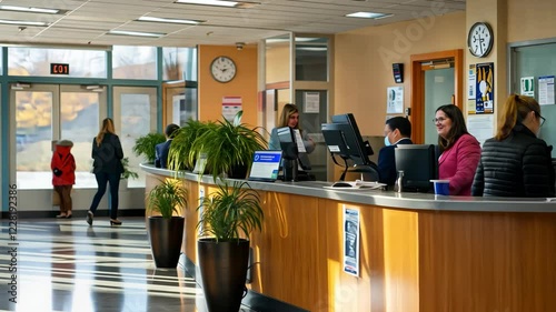 Busy modern bank lobby with customers and staff in daylight setting