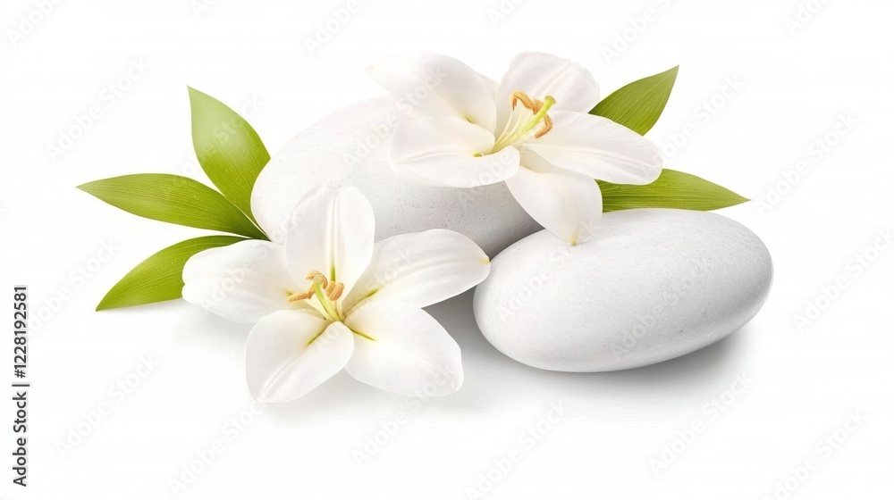White Stones and Lily Flowers with Green Leaves on White Background White Stones and Lily Flowers with Green Leaves on White Background