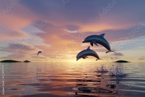 Three dolphins leap joyfully over the ocean at sunset, creating a breathtaking scene.