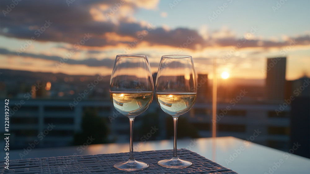 Obraz premium 夕暮れの都会で乾杯する白ワインのグラス