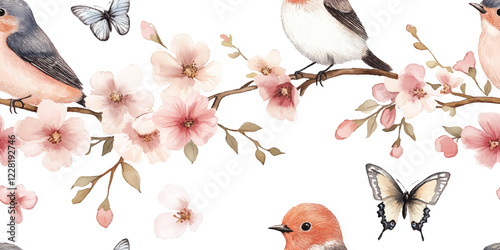 Beautiful Japanese cherry blossom with birds pattern on a white background for spring floral design. vector seamless pattern