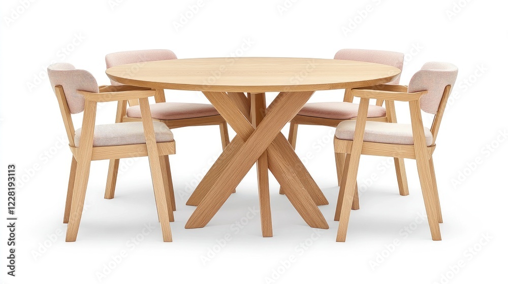 Round light wood dining table with four light pink chairs in a studio setting. Use for interior design catalogs, home decor magazines, or website product displays Round light wood dining table with four light pink chairs in a studio setting. Use for interior design catalogs, home decor magazines, or website product displays
