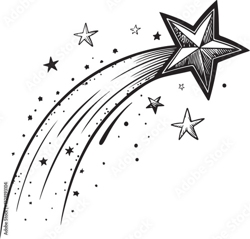 Shooting Star Astronomy Night Sky Sketch Drawing Line Art Linear Engraving Black and White Vector Illustration Isolated on White Background