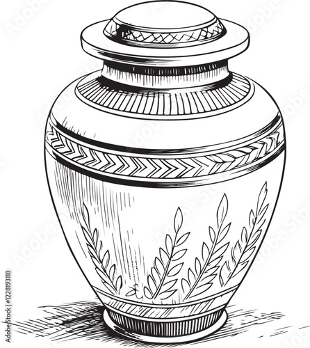 Cremation Urn Sketch Drawing Line Art Linear Engraving Black and White Vector Illustration Isolated on White Background