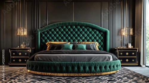 A refined bedroom designed with a curved tufted headboard in luxurious emerald green and deep gold trim. Flanking the bed are black lacquered nightstands with golden abstract details photo