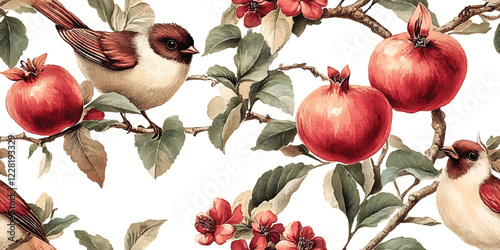 Vector seamless pattern with birds on pomegranate, Vintage birds in foliage with birds and fruits seamless pattern on dark background