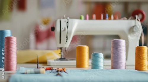Scene of a sewing setup with a sewing machine. Featuring fabrics and sewing tools. Highlighting the art of sewing. Ideal for fashion and craft magazines.