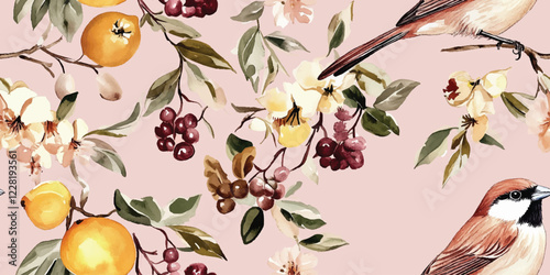 Seamless vintage pattern with flowers and birds on fruit tree branches on soft pink background