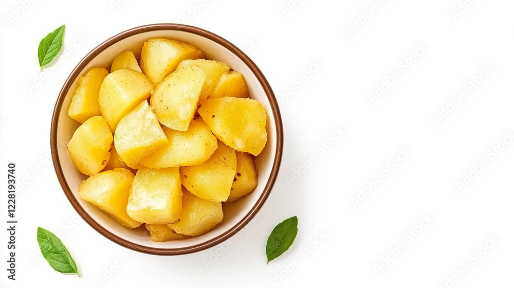 Freshly Cut Yellow Potatoes in a Bowl with Green Leaves Around Freshly Cut Yellow Potatoes in a Bowl with Green Leaves Around